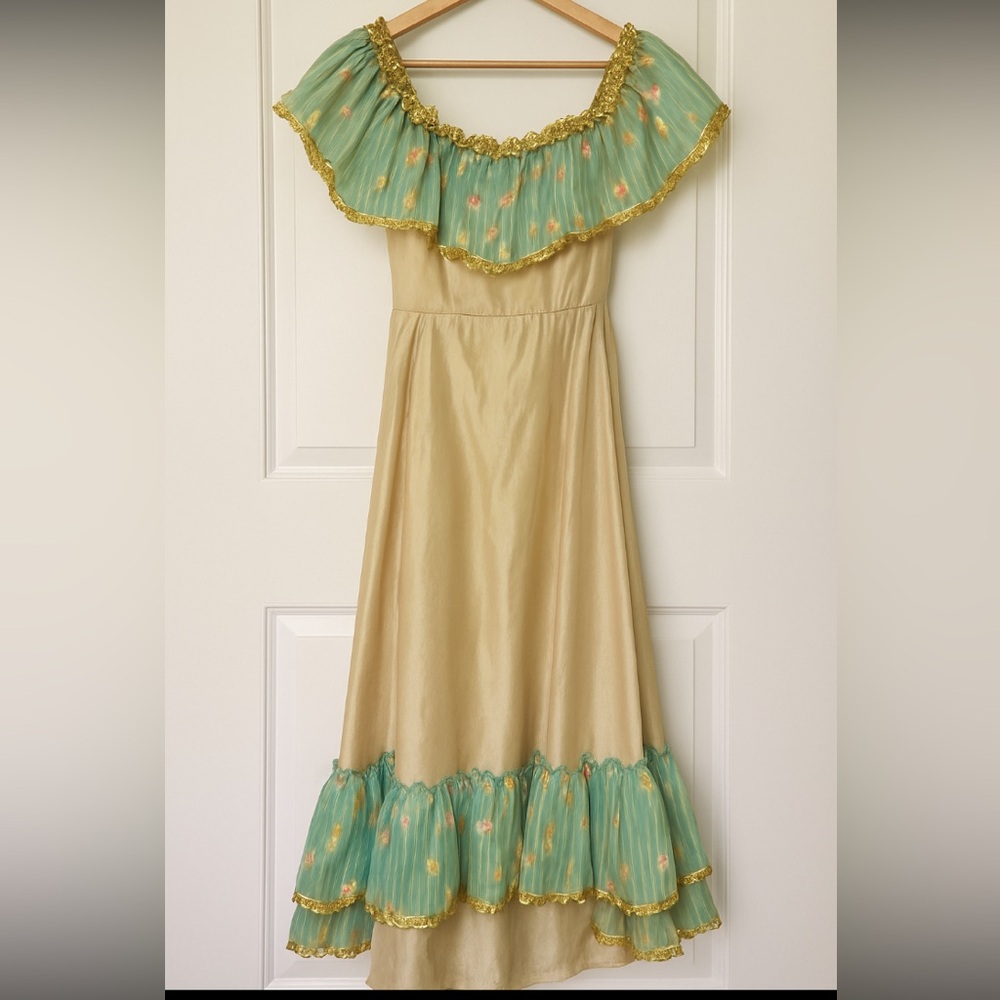 Vintage Ruffle Maxi Dress Gold Aqua Floral - Size XS to S
